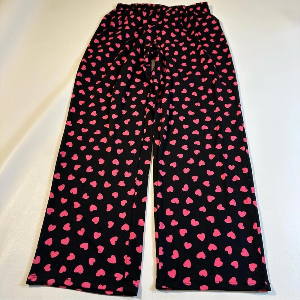 Kate‎ Spade Size S Black Pull On Jersey Pajama Pants With Pink Hearts All Over